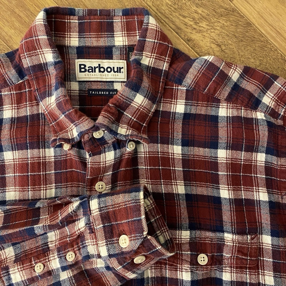 Barbour Tailored Fit Flannel Mens XL Plaid Copinsay Button Down‎ Shirt Red